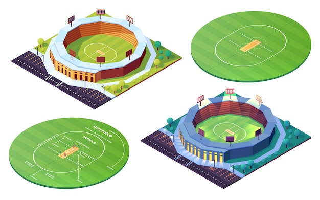 Set of isolated circle cricket pitch or grass field day night stadiums for cricketer sport