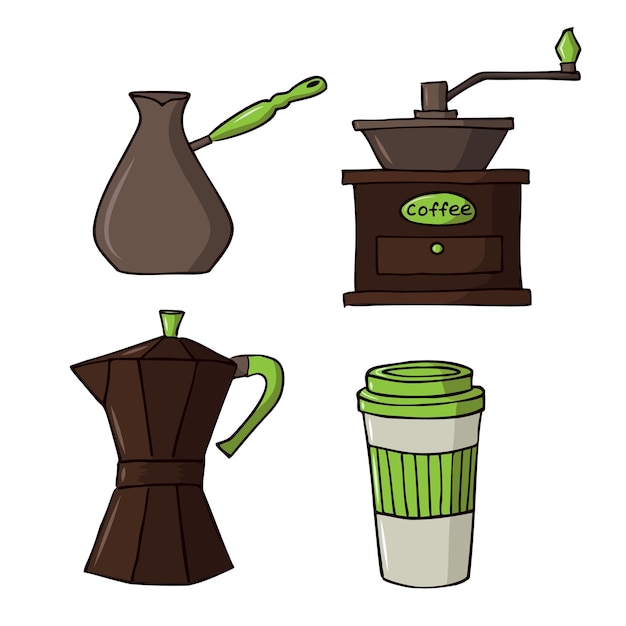 Set di accessori per caffè isolati caffettiera turca e geyser macinacaffè manuale e tazza di carta i colori sono marrone e verde chiaro con un contorno scuro disegnato a mano