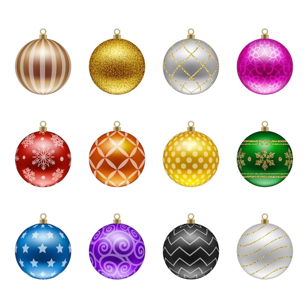 Set of isolated colorful christmas balls with decorations