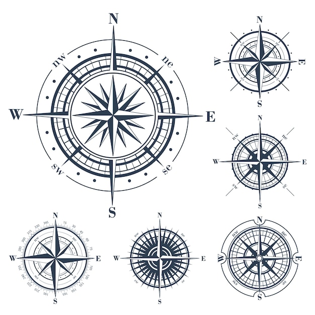 Vector set of isolated compass roses or windroses isolated on white vector illustration