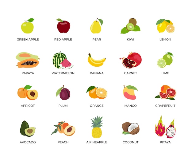 Vector set of isolated cute fruits with an inscription on a white background.