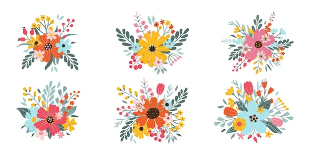 Vector set isolated cute hand drawn beautiful spring or summer bouquets in flat vector style