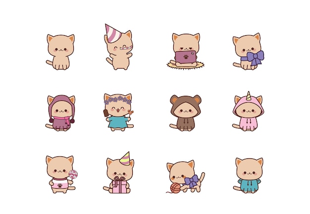 Set isolato simpatico gattino kawaii stile chibi personaggio gatto