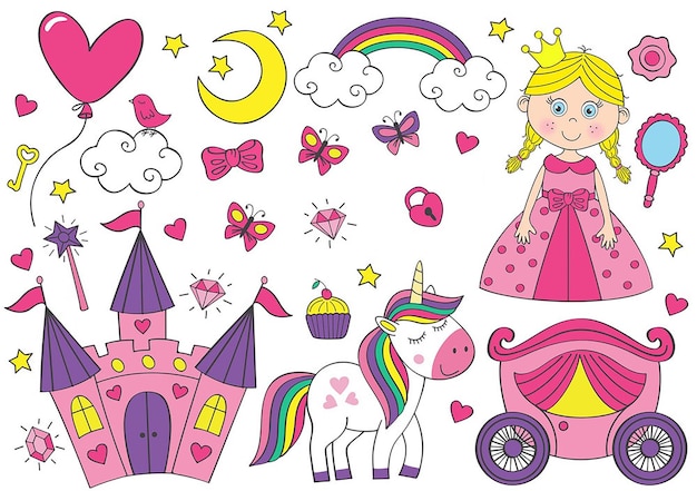 Set of isolated cute princess and design elements
