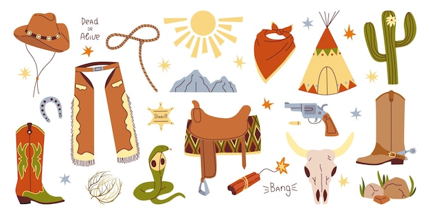 Set isolated design elements of wild west in flat vector style on white background