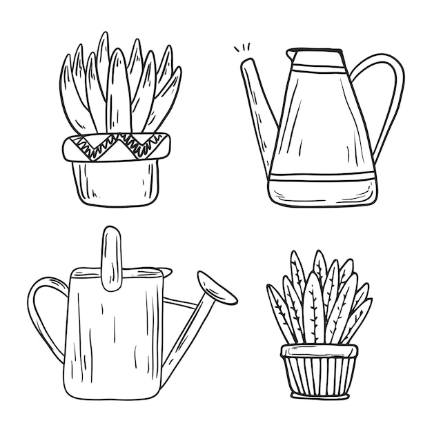 Set di icone doodle isolate in stile art linea. piante d'appartamento in vaso e annaffiatoi o brocche. adesivi in bianco e nero di cactus o piante grasse con foglie grandi.