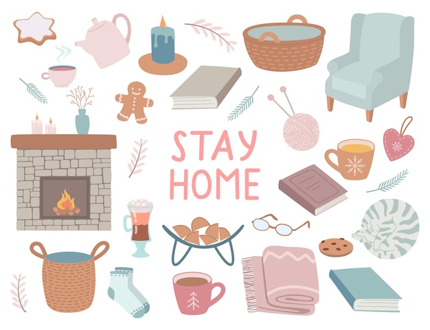 Set of isolated elements cozy home, stay at home. The concept of coziness and comfort, hand-drawn illustration in a cute style.