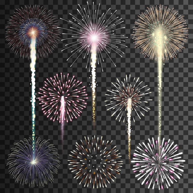 Set of isolated fireworks on transparent background