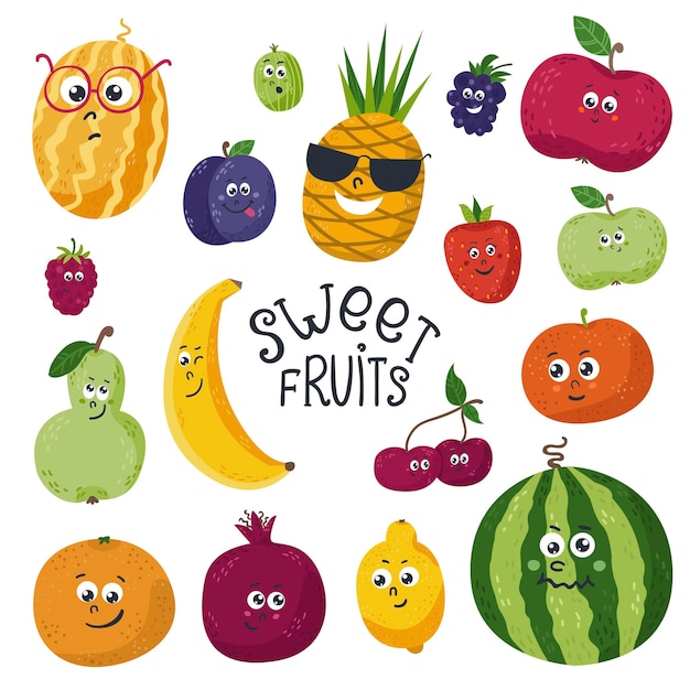 Vector set of isolated funny kawaii fruits