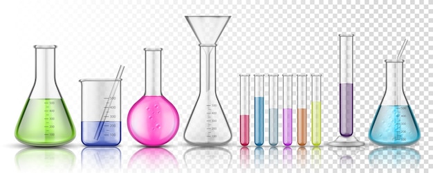 Vector set of isolated glassware flask or glass bottle for chemistry on transparent background.