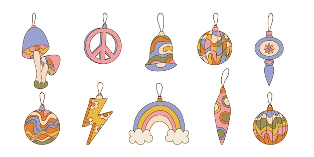 Set isolated groovy hippie Christmas toys in retro style 60s 70s