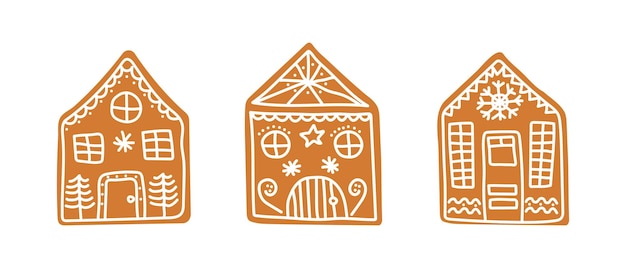 Vector set of isolated hand drawn gingerbread houses traditional christmas cookies