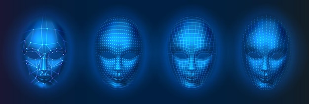 Set of isolated human or robot, artificial intelligence faces with dots and lines. Facial scan with AI, head verification technology, recognition concept.