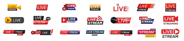 Set of isolated icons for streaming live broadcast blog television shows live performances news and various video content Vector illustration