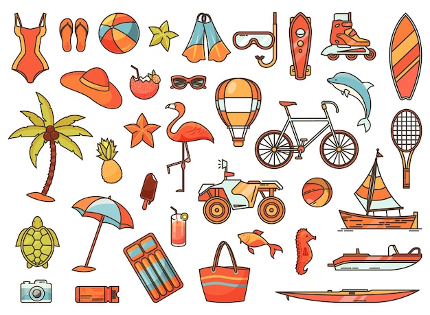 Set of isolated icons for summer active recreation or sea vacation