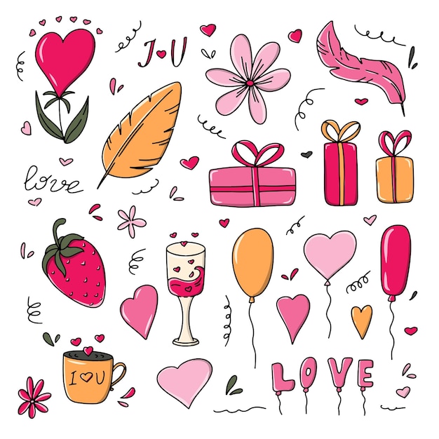 A set of isolated illustrations for valentines day heart gift love balloons flowers