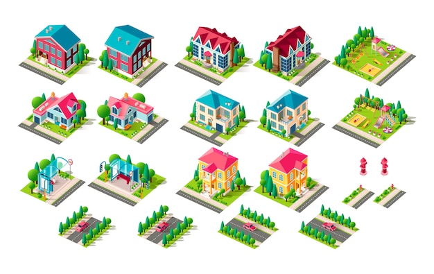 Vector set   isolated isometric illustration house vacation home penthouse bus station public transport stop road fire hydrant right left view playground