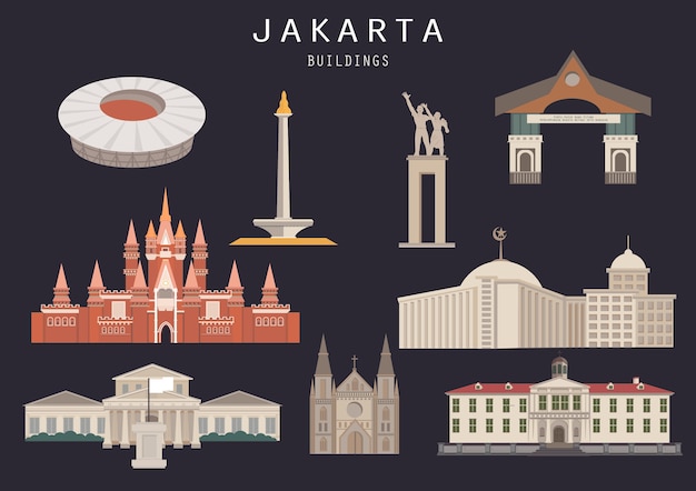 Insieme del punto di riferimento isolato di jakarta indonesia building