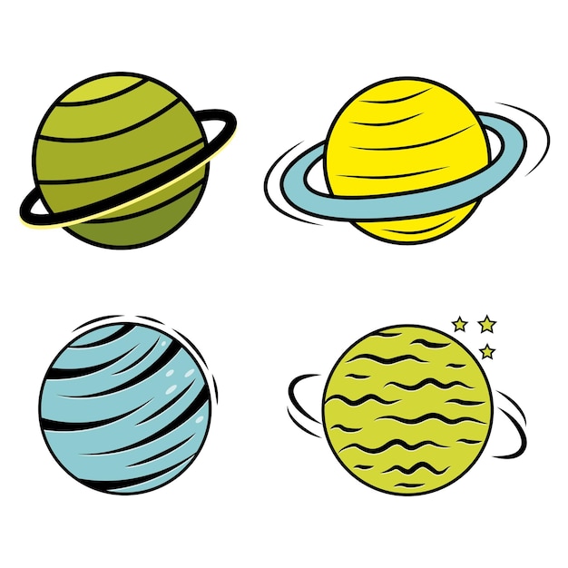 A set of isolated multicolored planets in the cartoon style Space