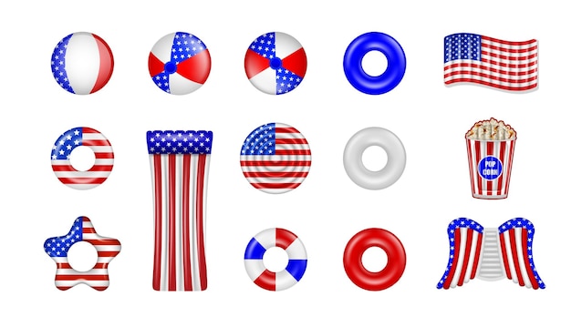 Set of isolated pool inflatables with american flag colors 4th of july pool party elements