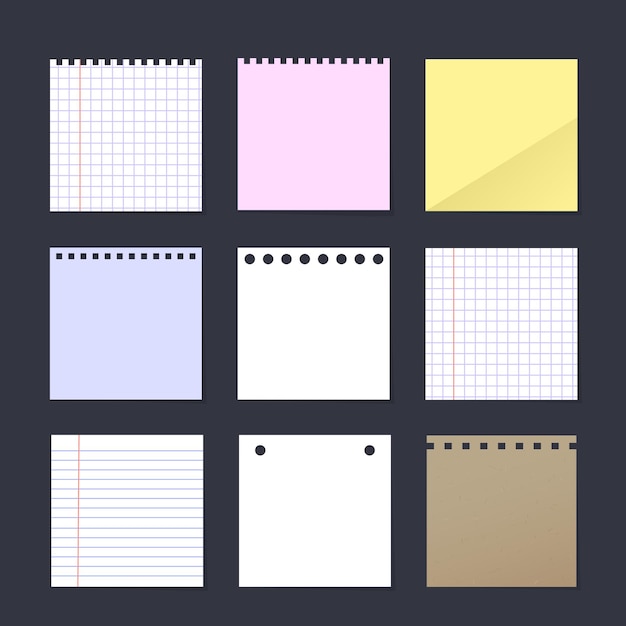 Vector set of isolated realistic empty paper poster mockup notes sticky colorful banners and pieces of paper on grey background vector format