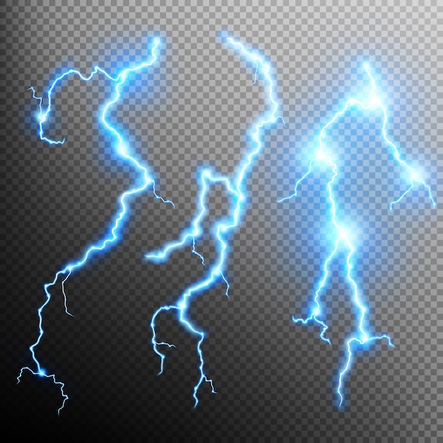 Vector set of isolated realistic lightnings.