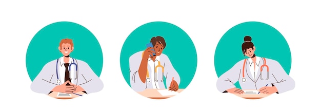 Set of isolated round icons with smiling doctor characters giving prescription for patient