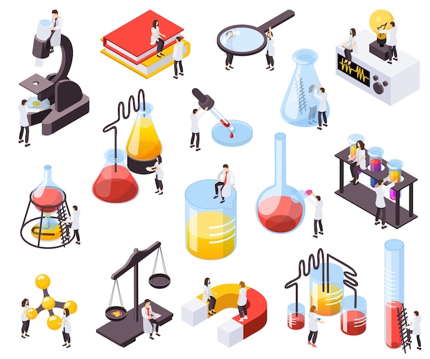 Set di icone di ricolorazione isometriche di scienza isolata e immagini di persone con pezzi di illustrazione vettoriale di apparecchiature di laboratorio