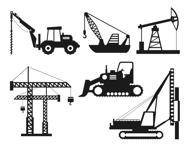 Set of isolated silhouettes of hoisting cranes on white background