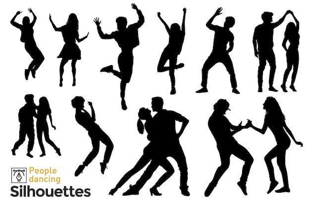 Set of isolated silhouettes of people dancing and having fun listening to music.