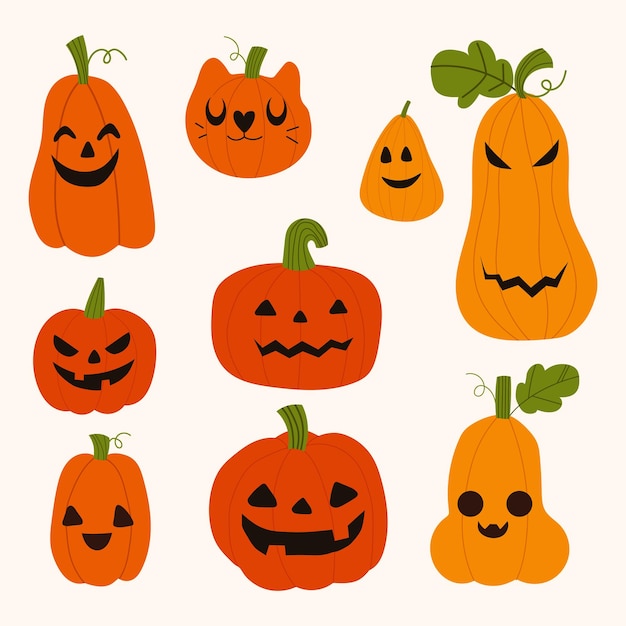 Set of isolated smiling pumpkin in doodle style. Vector cartoon pumpkin lanterns collection for Hall