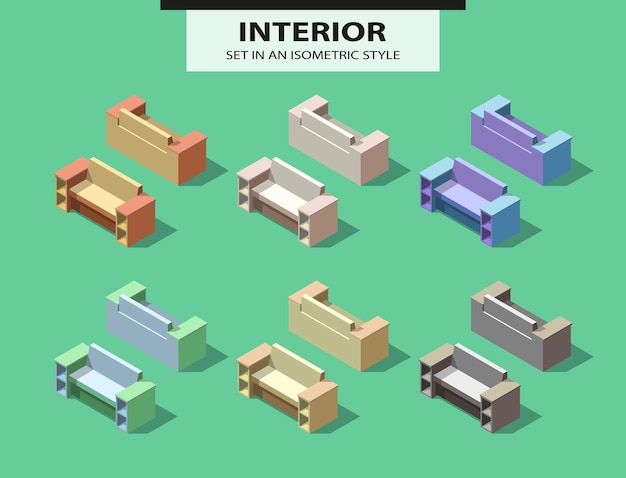 Set of the isolated sofas with a shadow in isometric style. Vector illustration