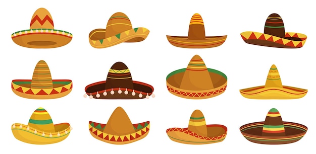 Vector set of isolated sombrero traditional mexican hats with wide brim brightly colored design and woven hatband