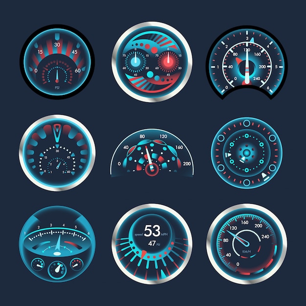 Set of isolated speedometers for dashboard.