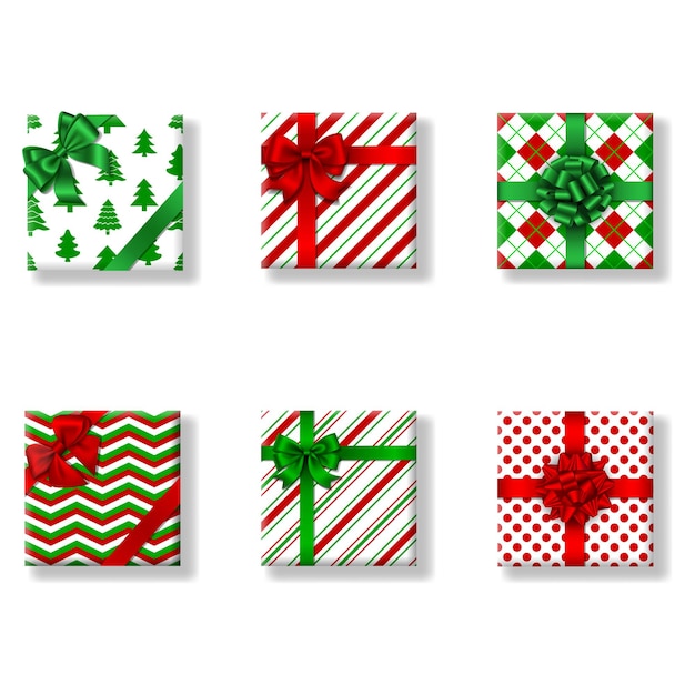 Set of isolated square christmas gift boxes Top view