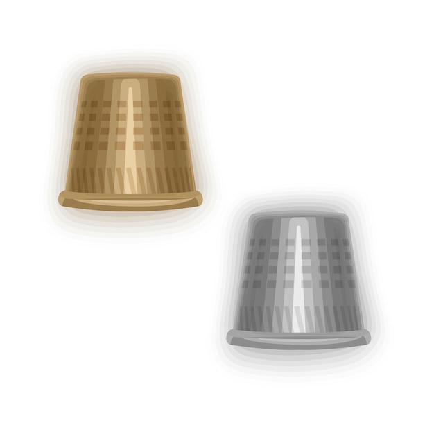 Set of isolated steel thimbles on white background golden and silver thimbles