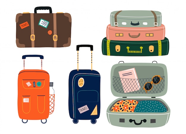 Set di valigie isolate. borse da viaggio con vari adesivi.