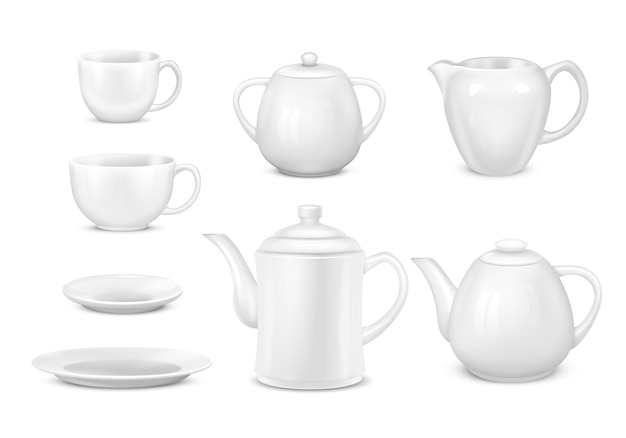 Vector set of isolated tea coffee realistic icons with shadows and closeup views of teapots and cups vector illustration