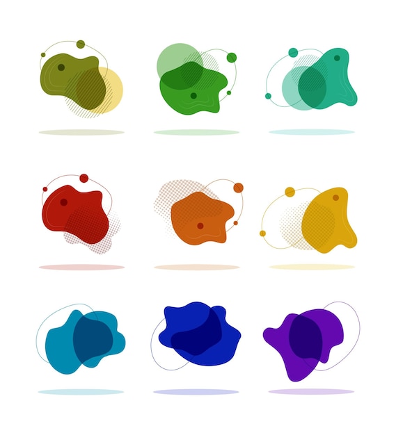 Vector set isolated vector abstract dynamic blots for modern style designs geometric shapes purple blue red orange yellow green aquamarine fluid blob liquid stain for backdrop card pattern flyer