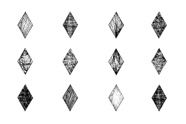 Vector set of isolated vector black grunge textured ink brush geometric rhomb shapes