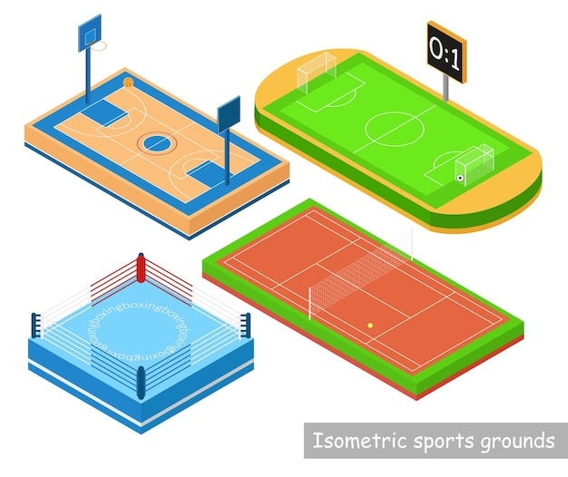 異性体のスポーツグラウンドを設定する白い背景の上の等角投影スタイルの分離でリングテニスコートスタジアムバスケットボールコートベクトル図