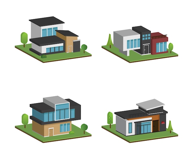 Set of isometric and 3d four houses and modern houses design.