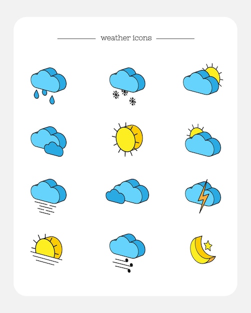 Set of isometric 3d icons of weather forecast colored with outline