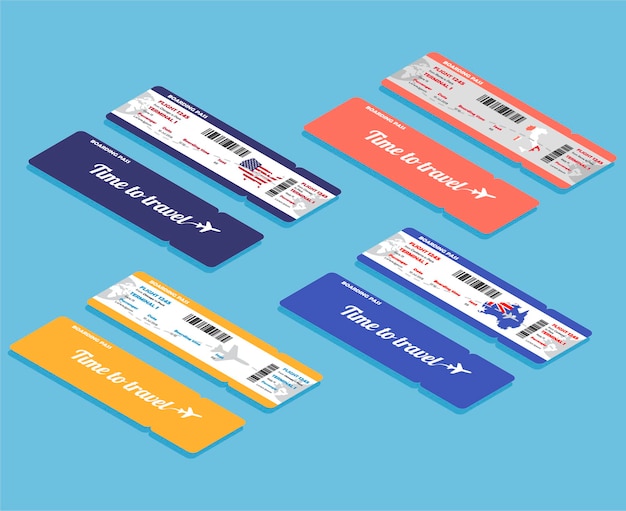 set of isometric airline boarding pass. template or mock up isolated on blue background. front and back side tickets.