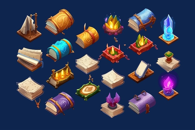 Vector set isometric books of magic spells and witchcraft royal scrolls and parchments old rice paper for computer game vector cartoon flat elements isolated on background