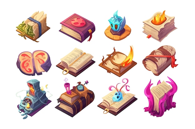 Set isometric books of magic spells and witchcraft royal scrolls and parchments old rice paper for computer game Vector cartoon flat elements isolated on background