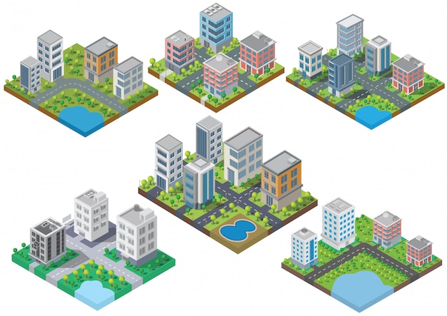 ベクトル 等尺性建物のベクトルを設定します。彼らは庭、道路のある川沿いにいます。 3 d、スマートシティの建物