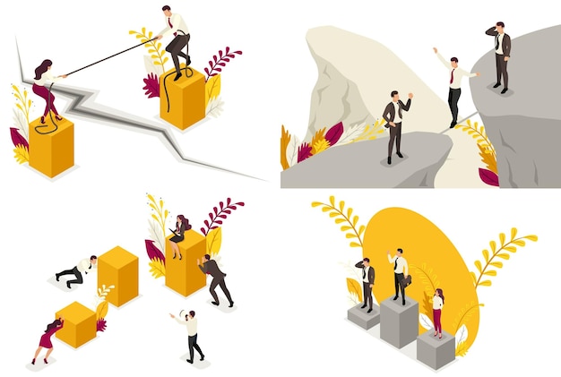 Vector set of isometric business risk concepts fall competition partner conflict disagreements for website