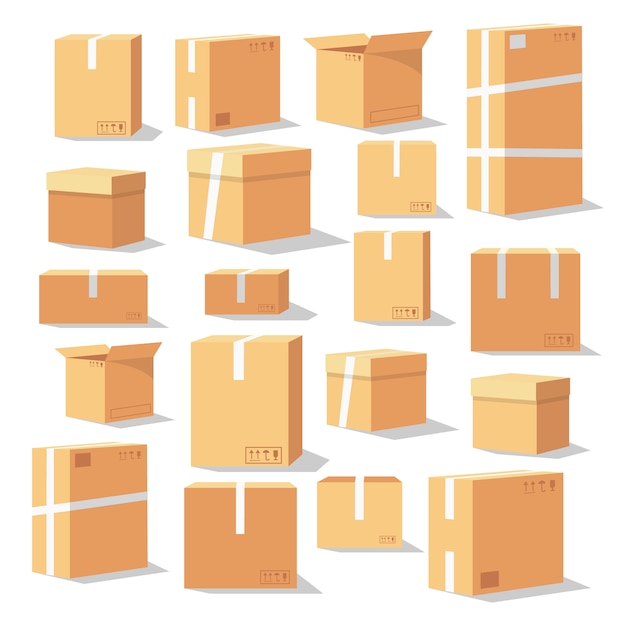 Set of isometric cardboard boxes