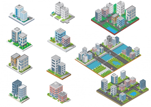 Set of isometric city building